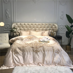 Luxury Champagne Blue Silk Egyptian Cotton Gold Embroidery European Palace Bedding Set Duvet Cover Bed sheet/Linen Pillowcases