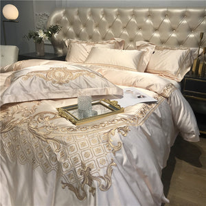 Luxury Champagne Blue Silk Egyptian Cotton Gold Embroidery European Palace Bedding Set Duvet Cover Bed sheet/Linen Pillowcases