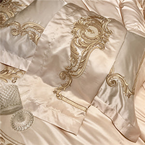 Luxury Champagne Blue Silk Egyptian Cotton Gold Embroidery European Palace Bedding Set Duvet Cover Bed sheet/Linen Pillowcases