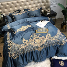 Load image into Gallery viewer, Luxury Champagne Blue Silk Egyptian Cotton Gold Embroidery European Palace Bedding Set Duvet Cover Bed sheet/Linen Pillowcases