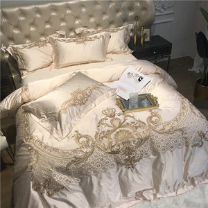 Luxury Champagne Blue Silk Egyptian Cotton Gold Embroidery European Palace Bedding Set Duvet Cover Bed sheet/Linen Pillowcases