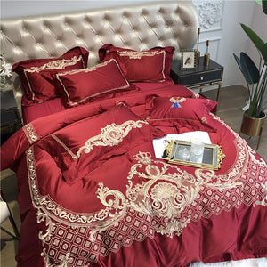 Luxury Champagne Blue Silk Egyptian Cotton Gold Embroidery European Palace Bedding Set Duvet Cover Bed sheet/Linen Pillowcases