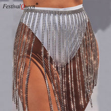 Load image into Gallery viewer, Glitter Rhinestone Long Tassel Skirts Gold Silver Crystal Diamonds Loose Adjustable Sexy Women Summer Beach Bikini Mini Skirt