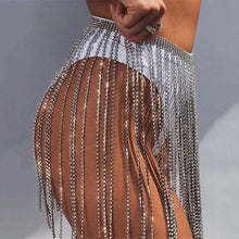 Load image into Gallery viewer, Glitter Rhinestone Long Tassel Skirts Gold Silver Crystal Diamonds Loose Adjustable Sexy Women Summer Beach Bikini Mini Skirt