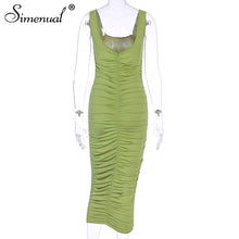 Load image into Gallery viewer, Simenual Ruched Solid Sexy Bodycon Party Dresses Women Fashion Sleeveless Skinny Clubwear Basic Hot Midi Dress 2020 Slim Female