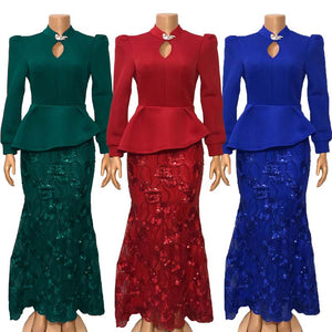 Sequins Embroidery Body con Women African Evening Party Dress Long Sleeve Ruffles Fishtail Long Dress