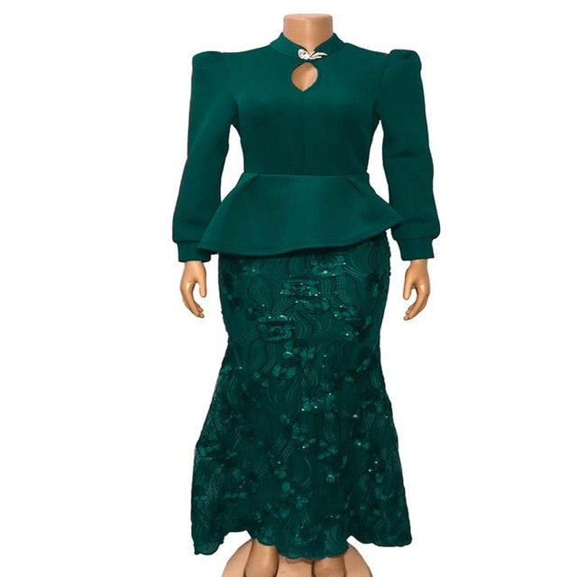 Sequins Embroidery Body con Women African Evening Party Dress Long Sleeve Ruffles Fishtail Long Dress