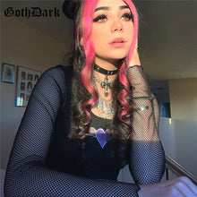 Load image into Gallery viewer, Goth Dark Vintage harajuku Egirl Gothic T-shirts Emo Women Aesthetic 2020 Longsleeve Mesh Embroidery Heart Female Tshirt Chic