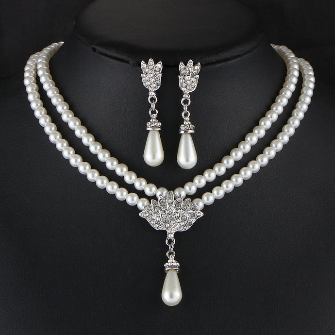 Jewelry Bride Pearl Crystal with short Collarbone necklace and Earrings