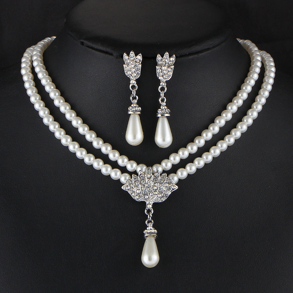 Jewelry Bride Pearl Crystal with short Collarbone necklace and Earrings