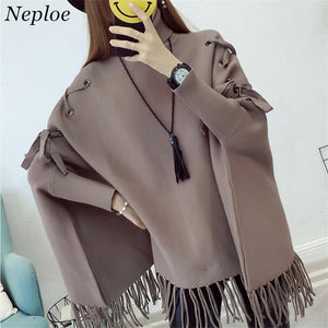 Neploe Drawstring Solid Casual Loose Pullover Tassel Bat wing Sleeve Knitted Women Cloak