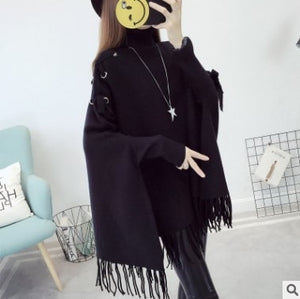 Neploe Drawstring Solid Casual Loose Pullover Tassel Bat wing Sleeve Knitted Women Cloak