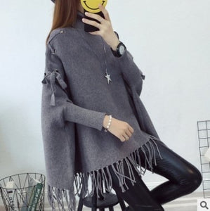 Neploe Drawstring Solid Casual Loose Pullover Tassel Bat wing Sleeve Knitted Women Cloak