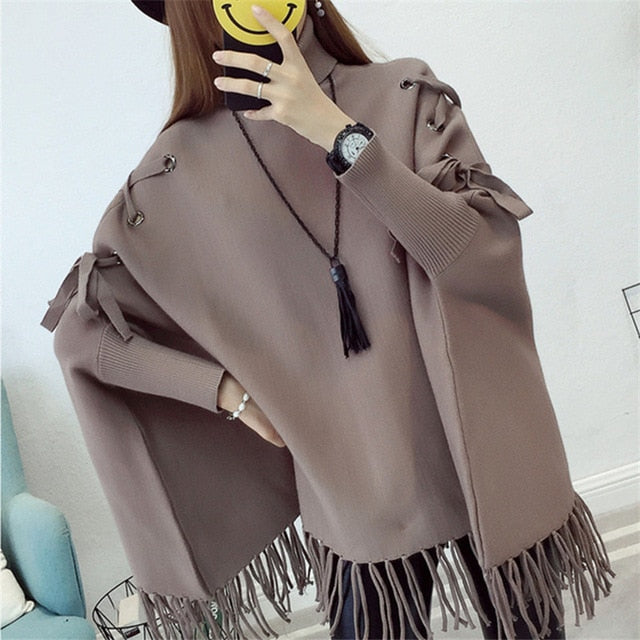 Neploe Drawstring Solid Casual Loose Pullover Tassel Bat wing Sleeve Knitted Women Cloak