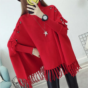 Neploe Drawstring Solid Casual Loose Pullover Tassel Bat wing Sleeve Knitted Women Cloak