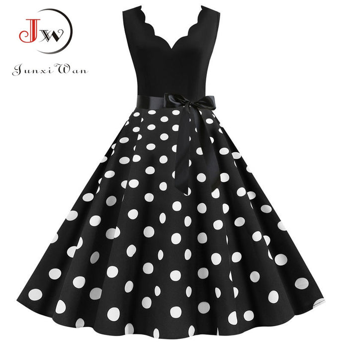 Gorgeous Polka Dot Print Vintage Women Summer Midi V Neck Dress