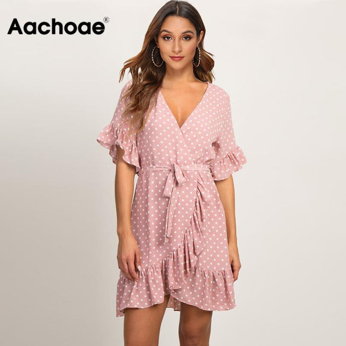 Beach Fashion Short Sleeve V-neck Polka Dot A-line Party Sundress