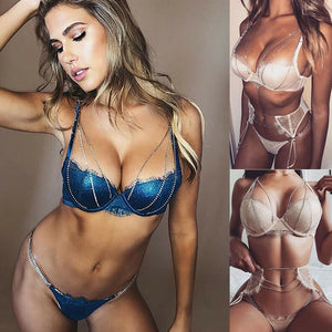 Lace Womens Sexy Lingerie Set Crystal Chain Tops Bra Thong Underwear 3Pcs Nightwear Underwear Bra Set Female Blue S-L