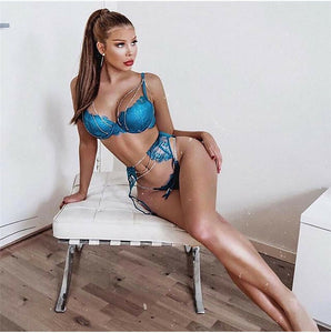 Lace Womens Sexy Lingerie Set Crystal Chain Tops Bra Thong Underwear 3Pcs Nightwear Underwear Bra Set Female Blue S-L