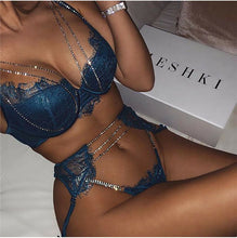 Load image into Gallery viewer, Lace Womens Sexy Lingerie Set Crystal Chain Tops Bra Thong Underwear 3Pcs Nightwear Underwear Bra Set Female Blue S-L