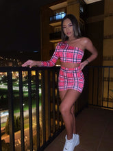 Load image into Gallery viewer, ANJAMANOR Plaid Print Sexy Two Piece Set One Shoulder Long Sleeve Crop Top Skirt Matching Sets Club Outfits Spring 2020 D0-AC72