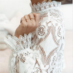 Women Lace Blouse Elegant Formal Embroidery Long Sleeve White Shirts Blouse Tops