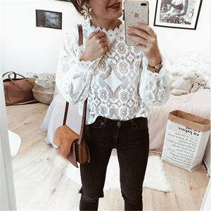 Women Lace Blouse Elegant Formal Embroidery Long Sleeve White Shirts Blouse Tops