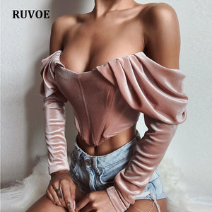 High Quality Velvet Blouse Women Autumn Long Sleeve Ruched Off Shoulder Corset Style Tops Ladies Winter Sexy Shirt Pink AG-031