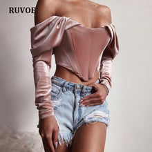 Load image into Gallery viewer, High Quality Velvet Blouse Women Autumn Long Sleeve Ruched Off Shoulder Corset Style Tops Ladies Winter Sexy Shirt Pink AG-031