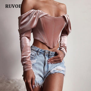 High Quality Velvet Blouse Women Autumn Long Sleeve Ruched Off Shoulder Corset Style Tops Ladies Winter Sexy Shirt Pink AG-031