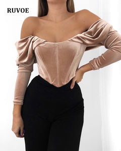 High Quality Velvet Blouse Women Autumn Long Sleeve Ruched Off Shoulder Corset Style Tops Ladies Winter Sexy Shirt Pink AG-031