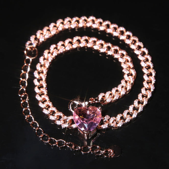 Romantic Pink Iced Out Big Heart Chokers Necklaces Silver/Rose Gold Cuban Link With Mini Cubic Zircon Chain Women Neck Jewelry