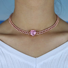 Load image into Gallery viewer, Romantic Pink Iced Out Big Heart Chokers Necklaces Silver/Rose Gold Cuban Link With Mini Cubic Zircon Chain Women Neck Jewelry