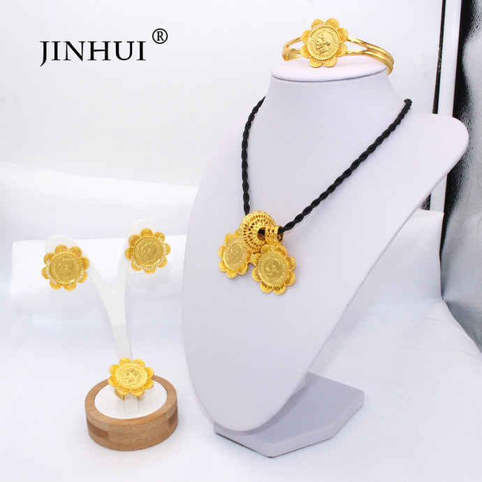 Ethiopian gold jewelry sets 24k Big Coin Pendant Necklace Earring Ring Dubai gifts for women African Eritrea wedding bridal set