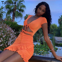 Load image into Gallery viewer, Totatoop Lace Up V Neck Ruched Bodycon Mini Dress Women 2020 Summer Hollow Out Ruffles Sundress Beachwear Vestidos