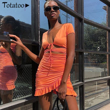 Load image into Gallery viewer, Totatoop Lace Up V Neck Ruched Bodycon Mini Dress Women 2020 Summer Hollow Out Ruffles Sundress Beachwear Vestidos