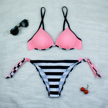 Load image into Gallery viewer, 2020 New Push Up Solid Pink  Bikini Set Striped Bandage Bikini Two Piece