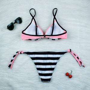 2020 New Push Up Solid Pink  Bikini Set Striped Bandage Bikini Two Piece