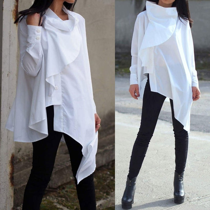 Women Asymmetrical Shirt Buttons Ruffles Blouse Long Sleeve Loose Vintage Top Pleated Blouse