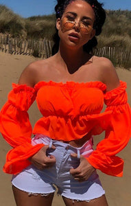 Candy Colors Off Shoulder Mesh Long Sleeve Ruffle Blouse Tops