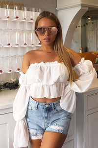 Candy Colors Off Shoulder Mesh Long Sleeve Ruffle Blouse Tops