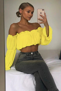 Candy Colors Off Shoulder Mesh Long Sleeve Ruffle Blouse Tops