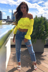 Candy Colors Off Shoulder Mesh Long Sleeve Ruffle Blouse Tops