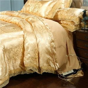 New Luxury Jacquard Bedding Sets Tencel Satin Silk cotton Queen King size 4pcs Duvet Cover Bed Flat Sheet Golden wedding lace