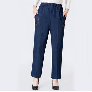 Mom High Waist Embroidery Pockets Straight Jeans Chic