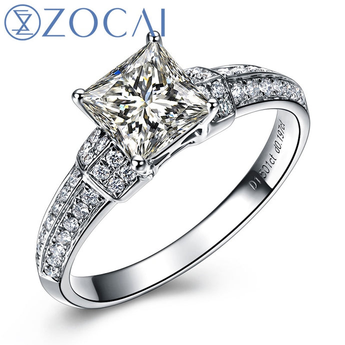 ZOCAI Princess Cut Real 1.0 Ct Main Diamond with 0.20 Ct Side Diamond 18K White Gold Engagement Diamond Ring W03754