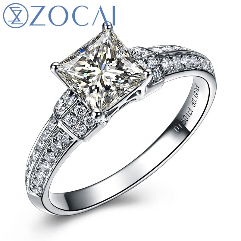 ZOCAI Princess Cut Real 1.0 Ct Main Diamond with 0.20 Ct Side Diamond 18K White Gold Engagement Diamond Ring W03754