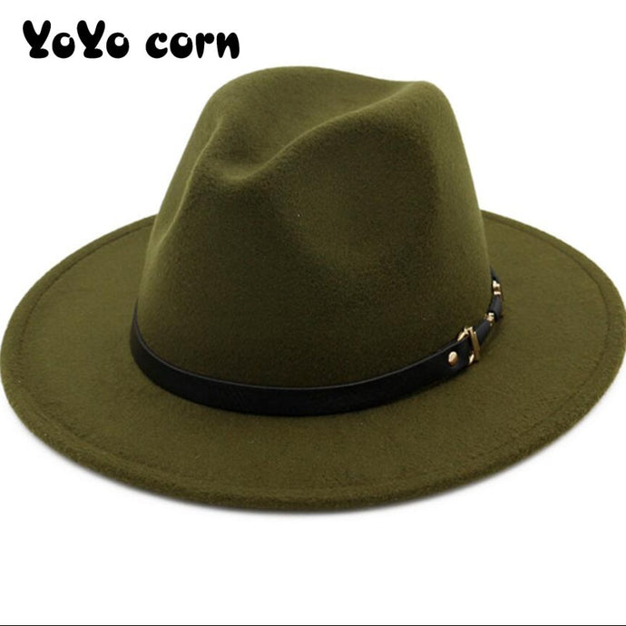 YOYOCORN  Wide Brim Simple Church Derby Top Hat Panama Solid Color Felt Fedoras Hat for Men Women artificial wool Blend Jazz Cap