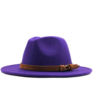 Fashion Men Women Wide Brim Wool Felt Hat Formal Party Jazz Trilby Fedora Hat with Belt Buckle Yellow Orange Rosy Panama Cap