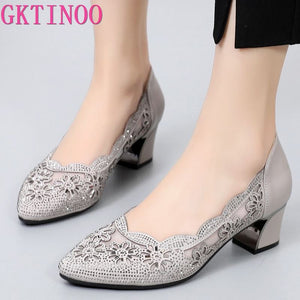 Hollow Out Genuine Leather Mid Heel Square Pump Mesh Women Shoes